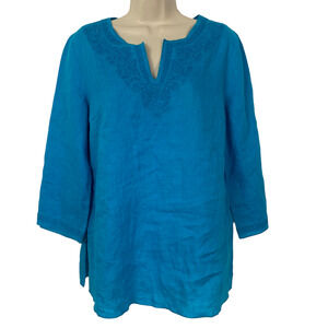 Peter Nygard Linen Tunic Top Womens 8 / M Blue Embroidered 3/4 Sleeve V-Neck